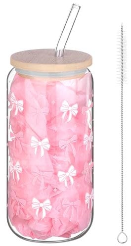 YXSJAS Pink Bow Glass Cup with Wood Lid and Glass Straw 16 oz Coquette Bow Aesthetic Cup Inspired Aesthetic Drinking Jar Can Shaped Ice Coffee Bow Glasscup for Bubble Tea, Gift for Girl Women Friend
