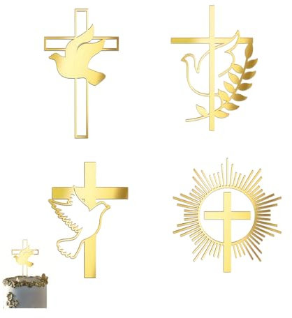 4 piezas decoración para tarta comunión niña decoración tarta confirmación, bautizo decoración oro cruz palomas tarta topper niño decoración tarta primera comunión acrílico decoración para tartas de