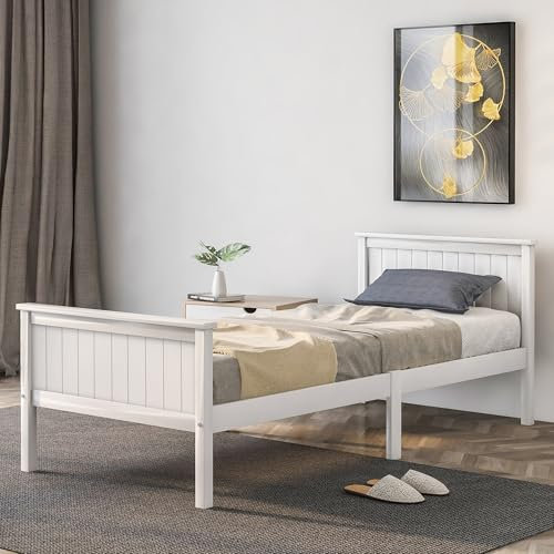 SogesHome Ivory Pine Wood Bed Frame with Headboard & Footboard, Wood Bed for Bedroom, 11 Thickened Slats, Eco-Friendly Paint, Easy Assembly (Single)