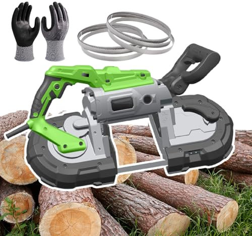 Sega a nastro portatile con lame multiple e guanti, velocità regolabile per tagliare legno, carne congelata e barre d'acciaio, base inclusa