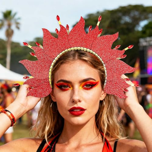 BACH AND BOUJEE Feuerflammen Kopfschmuck Sonnenhalo Krone Stirnband Karnevalszubehör Kopfschmuck Mardi Gras Rave Festival Frauen Kostümzubehör