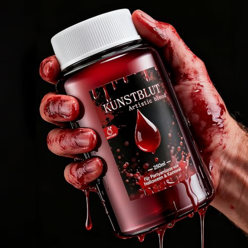 Premium Faux Sang 250ml pour Deguisement Halloween, Liquide & Réaliste pour Visage et Vêtements, Facilement Lavable pour Vampire et Zombie