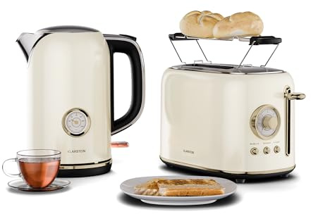 Klarstein Victoria Toaster Wasserkocher Set, Retro Design, 2 Scheiben Toaster mit 7 Bräunungsstufen & Brötchenaufsatz, 1,7L Wasserkocher mit Kalkfilter, Frühstücksset, Cream
