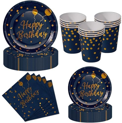 Nkaiso 50 Pcs Navy Blue Gold Birthday Plates and Napkins Set for 10 Guests | Party Tableware Set with Disposable Paper Plates Cups Napkins - Birthday Dinnerware for Celebrations