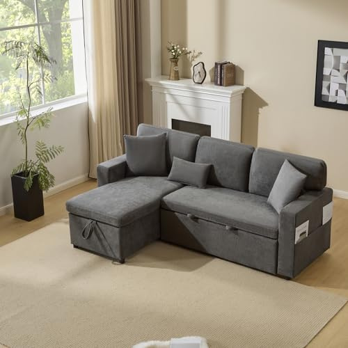 BXEYXE Corner Sofa Bett Eckcouch Couch L-Form Schlafcouch Ausziehbar. Bettkasten und integriertem Regal.dunkelgrau