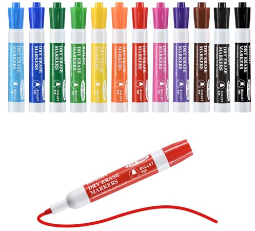 SUQJOY Whiteboard Pens, Dry Wipe Whiteboard Markers, Bullet Tip, Low Odour, Wipe Clean, Roll-Resistant Cap, 12 Colours, Pack of 12