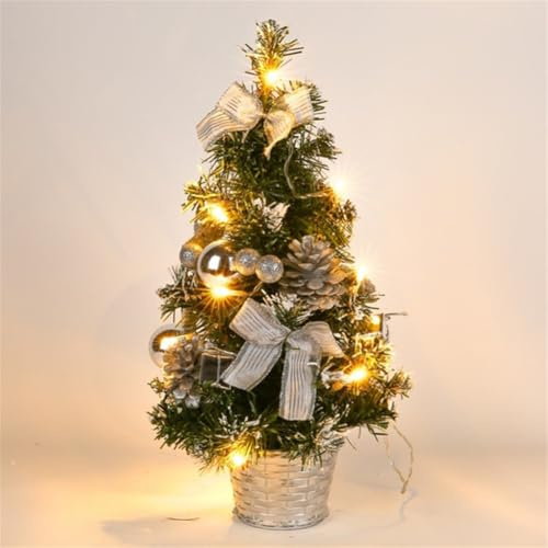 Mini Weihnachtsbaum Mit Beleuchtung, 40CM künstlicher Kleiner Weihnachtsbaum Tannenbaum mit LED-Lichtern, Tannenzapfen, Weihnachtskugeln, Verwendbar als Zuhause, Büro, Tischdekoration (Silber)