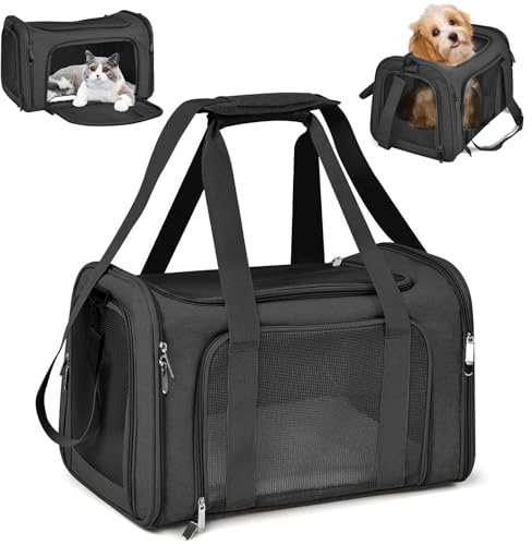 Staranry 45x30x30cm Katzentransporttasche Haustiertasche(Schwarz) | Katzen Tragetasche Faltbar und Atmungsaktiv, 7kg Transportbox Katze für Mittelgroße Hunde, Katze Auto, Zug, Reisen