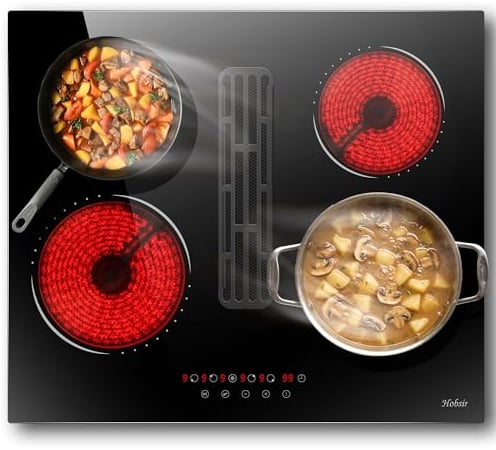 Hobsir Ceramic Hob with Extractor Hood, Built-in Electric Hob 4 Burners | Timer, Child-Safety Lock, Pause Function, 9 Power Level, Touch Control, 6000W, 220-240V, No Plug Included