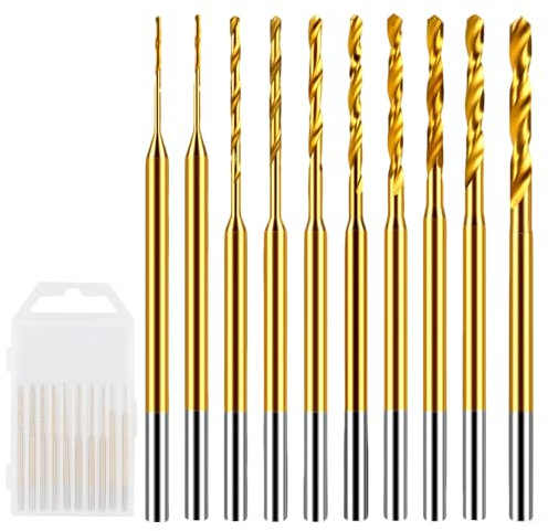 10Pcs Mini Twist Drill Bit Set, 0.6mm-2.2mm Micro Drill Bits Titanium Coated HSS Tiny Drills Bit 2.35mm Shank Hole Drilling Tool for DIY Jewelry Resin Wood Amber Bead