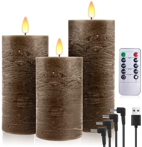 PinnWaa LED Kerzen, 3 wiederaufladbare Stumpenkerzen aus Echtwachs, Braun | 10-Tasten-Fernbedienung, Timer 2/4/6/8 Std, realistisch flackernde Flamme, warmes Licht, Stumpenkerzen für Weihnachtsdeko