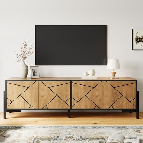 Merax Meuble TV 153 cm pour télévision Jusqu’à 65 Pouces, 4 Portes avec Structure géométrique en Bois, Noir et Bois Naturel avec Pieds en métal