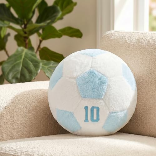 shownicer Fußball Zierkissen Flauschiges Football Dekokissen Blau 25cm | Kissen Fussball Geschenke Fussball Runder mit Feiner Stickerei Wohnzimmer Zimmer Fußball Deko