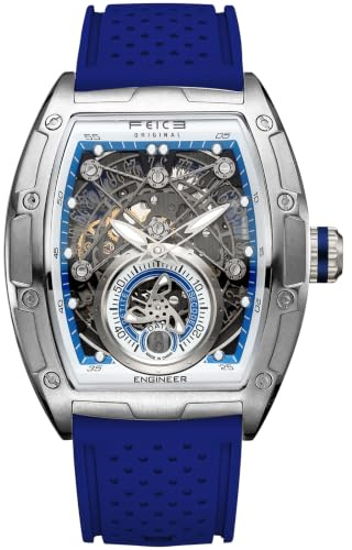 FEICE FM503 Herren Automatikuhr Skelett Blaue Uhr Automatik | Uhrenarmband aus Flüssigsilikon, Edelstahlgehäuse tonnenförmiges, galvanisierten blauen Mineralglas ausgestattet