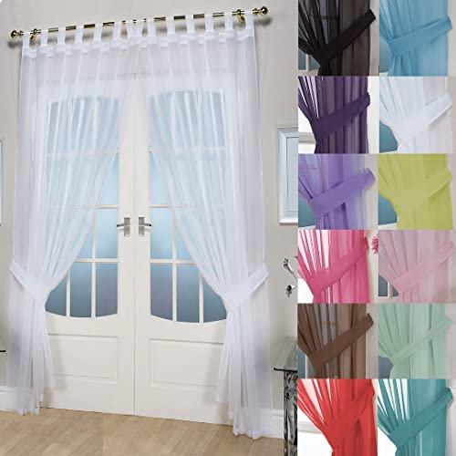 John Aird Pair Of Woven Voile Tab Top Curtain Panels. Tiebacks Included (White, 58 Wide x 72 Drop)
