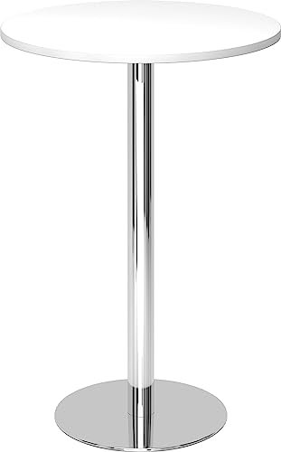bümö Stehtisch Büro, Bistrotisch rund 80 x 80 cm - Bartisch Weiss, Stehtisch Holz-Platte, Säule aus Metall verchromt, Buffettisch, Säulentisch, Partytisch, Thekentisch, Hochtisch, Barmöbel