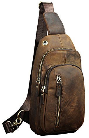 Le’aokuu Herren Echtes Leder Brusttasche Crossbody Bag Sling Bag Schultertasche Gurteltasche Umhängetasche Rucksack Brustbeutel Für Outdoor Sport Reisen (8005 A Braun)