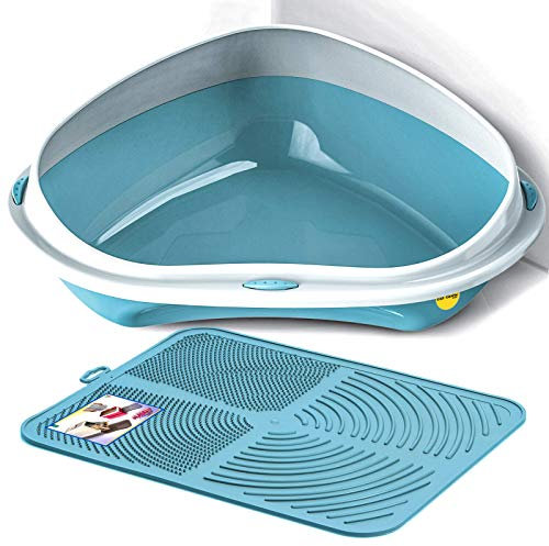 CAT CENTRE Blue Large Corner Cat Litter Tray + Blue Nonslip Mat Set Box Loo Toilet Kitten Pad