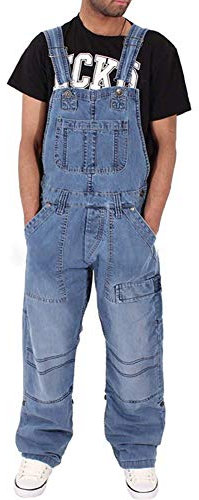 FANSU Herren Jeans Latzhose Overall, Arbeitshosen Lange Jeanshose Retro Denim Arbeitslatzhose Jumpsuit Destroyed Ripped Multifunktion Hose Arbeitskleidung (XL,Hellblau)
