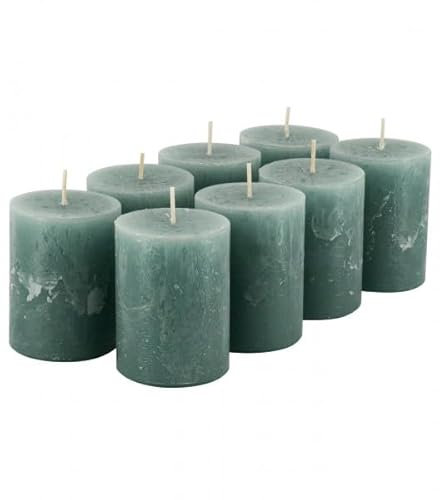 Hochwertige & Rustikale Stumpenkerzen 8 Stück - Wachskerzen/Rustickerzen/Adventskerzen Weihnachten (Smaragd Grün, Klein: Höhe 8cm / Ø 6cm)