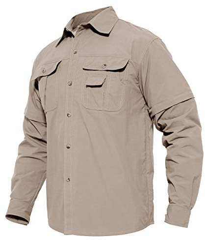 MAGCOMSEN Herren Langarmhemd Us Army Hemd Shirt Leicht Outdoor Wanderhemd Herren Sommer Schnelltrocknendes Safari Hemden Freizeit Arbeitsshirt Angeln Jagd Tropenhemd Khaki XL