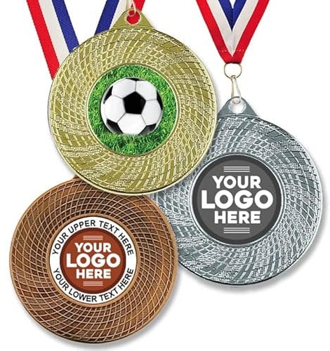 Trophy Monster Pack of 10x Metal 50mm Football Vortex Medals & Ribbons Standard emblem or your logo FREE | Personalised | Bulk Pack Quantity Deals 50,100,250 or 500 | Gold, silver or bronze