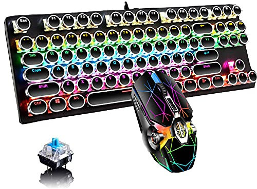 Ltvystore Retro Typewriter Keyboard and Mouse Combo,Black Mechanical Keyboard Blue Switch with 9 True RGB Backlight Modes, Cool Light Up Keyboard and Mouse for Gaming,Work,Mac,PC,Windows