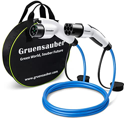 Gruensauber Type 1 to Type 2 EV charging cable, Single Phase, 32 Amp, 7.2kw, 5M Mode 3 EV Charging Cable with Free Carry Case