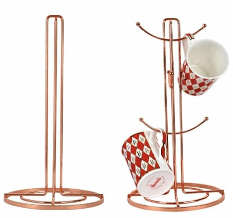 Royal Cuisine Stainless Steel Coffee Tea Mug Tree and Kitchen Roll Holder Stand with 6 Hooks Rose Gold