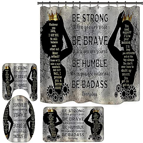 Lot de 4 rideaux de douche avec tapis de bain, motif africain et américain, style rustique, afro, homme et femme, étanche, avec crochets pour abattant de toilette, couronne argentée
