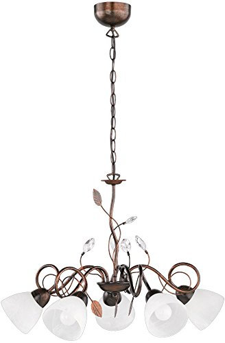 etc-shop Kronleuchter Lüster Luster Hängeleuchte Wohnzimmer, 5 flammig Metall Glas antik rostfarbig Kristallblätter, 5x E14 Fassungen, DxH 70x150 cm