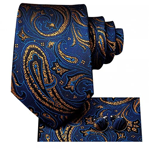 BAJIE Herren Krawatte Business Navy Blau Gold Paisley Herren Seide Hochzeitskrawatte Einstecktuch Manschettenknöpfe Herren Krawatte Mode Designer Party