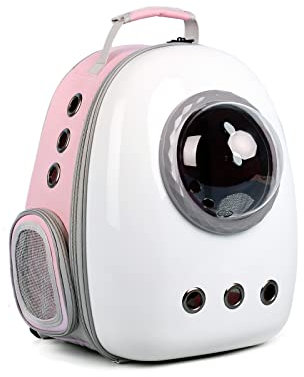 Galatée Katzenrucksack, Tragbarer Reise-Haustierträger, Belüfteter Raumkapsel-Haustierrucksack, Wasserdichter Klarer Haustierrucksack, Modischer Welpen-Tragerucksack(Graue Accessoires, Weiß + Rosa)