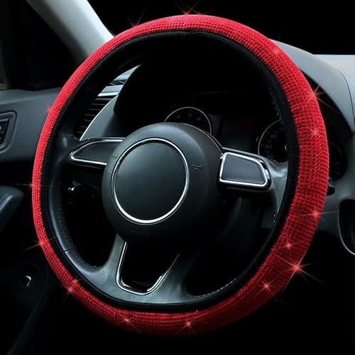 Glitzer Damen Mädchen Lenkradbezug, 37-38cm Bling Diamanten Lenkradhüllen Universal rutschfest Lenkrad Abdeckung Atmungsaktiv Lenkradschoner Auto-Dekozubehör,Rot