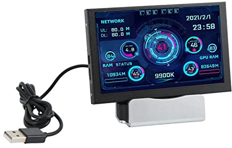 Mini Pantalla IPS USB de 5 Pulgadas, PC CPU GPU RAM Monitor de Temperatura de Datos, USB C IPS Pantalla de Panel de Sensor de PC con ángulo de Visión Completo con Base Y Concentrador, para