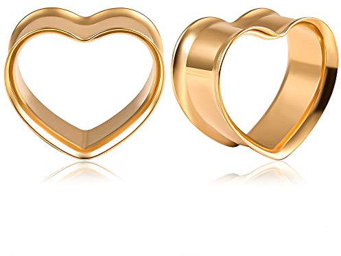 Vankula Ohr Flesh Tunnel Double Flared Plug Herz Edelstahl Ohrpiercing Gestreckte Schmuck für männer damen 16mm(5/8) Gold