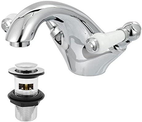 Victoria Waschbeckenarmatur für Waschbecken mit Pop Up Waschbeckenstöpsel Doppelgriff Chrom Messing Schwanenhals Badarmatur Armatur Traditionelle Waschtischarmatur