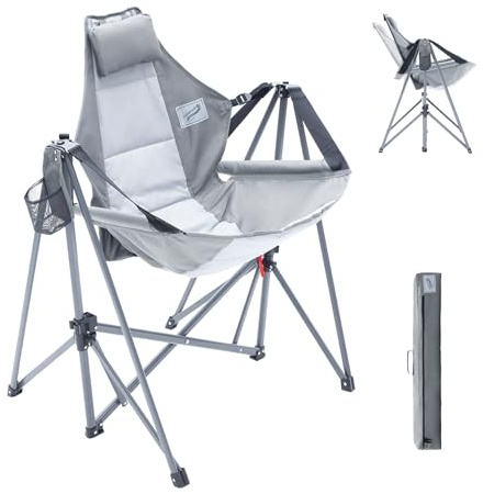 Camphor Designs Portable Swing Hammock Chair | Foldable Recliner Rocking Lounger with Headrest & Drink Holder | Outdoor Sports, Beach, Lawn, Hunting, Tailgating, Fishing | Supports 300Lbs Grey