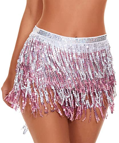 Sciarpa da donna per danza del ventre con frange scintillanti Rave Party paillettes gonna costume festival nappa gonna, Rosa-bianco., Taglia Unica