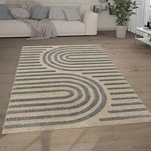 Paco Home Hochflor Teppich Wohnzimmer Shaggy 3D Optik Ethno Boho Vintage Look Weich, Grösse:120x160 cm, Farbe:Grau 4