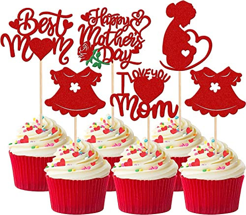 30 Stück Happy Mother's Day Deko Kuchen, Glitter Schwangere Frauen Love Mother Cupcake Picks Best Mom Tortendeko für Baby Mädchen glücklich Muttertag Thema Geburtstag Partyzubehör Rot