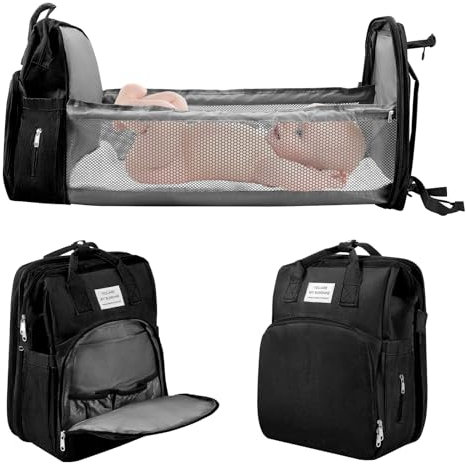 Jalann Baby Changing Bag, Nappy Changing Bag with Changing Mat, Large Capacity Baby Bags for Mum, Waterproof Portable Changing Bags Backpack with Foldable Cot Bed, Stroller Straps for Travel (Black)