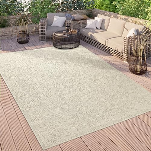 Paco Home Outdoor Teppich Wetterfest Balkon Küche Wohnzimmer Orientalisches Muster Vintage Optik Einfarbig 3D Modern, Grösse:240x340 cm, Farbe:Creme 3