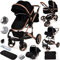 Passeggino 3 in 1 per bambini, leggero, pieghevole, 3 in 1, sistema da viaggio, per neonati e bambini da 0 a 36 mesi dalla nascita, in alluminio (nero, telaio oro rosa)