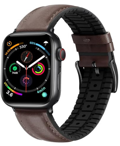 BINLUN Cinturino in Pelle Silicone Compatibile con Apple Watch 38mm 40mm 41mm 42mm Microperforazioni Pelle e Gomma Ibridi Cinturini Adatto per iWatch Uomo Donna(Nero Fibbia,Marrone)