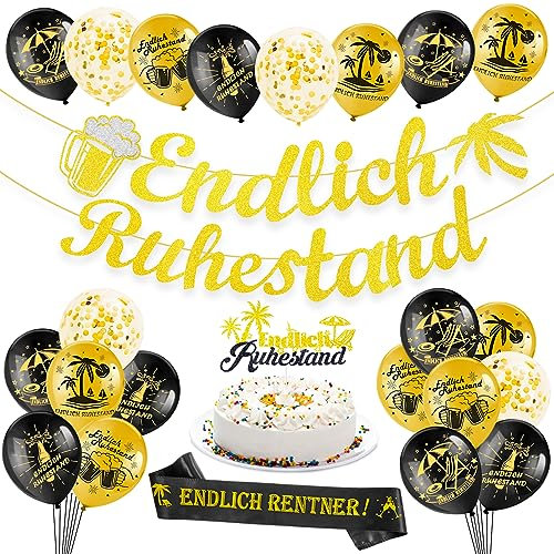 HOWAF Ruhestand Deko, Ruhestand Girlande und Luftballons Ruhestand Cake Topper, Schärpe Endlich Rentner, Rente Deko Ruhestand Pensionierung Party Abschiedsfeier Deko Renteneintritt für Frau Männer