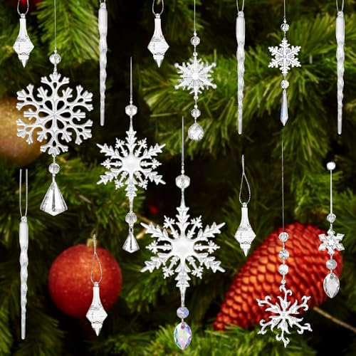 mizikuu Acryl Eiszapfen Schneeflocke Eistropfen Anhänger, 15 Stück Weihnachtenbaum Kristall Anhänger,Weihnachtsbaumschmuck,Kristallschneeflocke für die Weihnachtsbaumparty