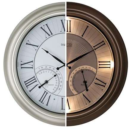 Samilito Beleuchtete Wanduhr für den Innen- und Außenbereich, wasserdicht, große Uhr mit Thermometer und Hygrometer für Garten, Terrasse, Pool,(Silber)
