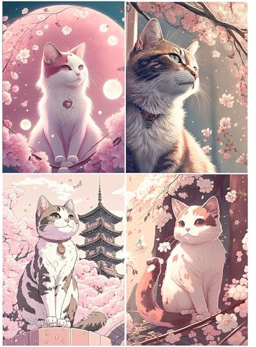 SHEGZHUC 4er Set Diamond Painting Japan Anime Katzen 30x40cm Diamant Painting Bilder Erwachsene Katzen Diamond Painting Blumen Kirschblüte Mond Manga Anime 5D Diamant Painting Katze Kirschbaum Tiere