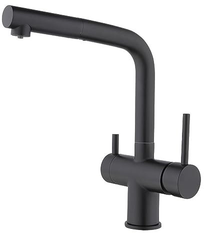 Robinet de cuisine à 3 voies, mitigeur de cuisine à double levier avec douchette extractible, bec pivotant à 360 degrés, robinet d'eau potable, noir